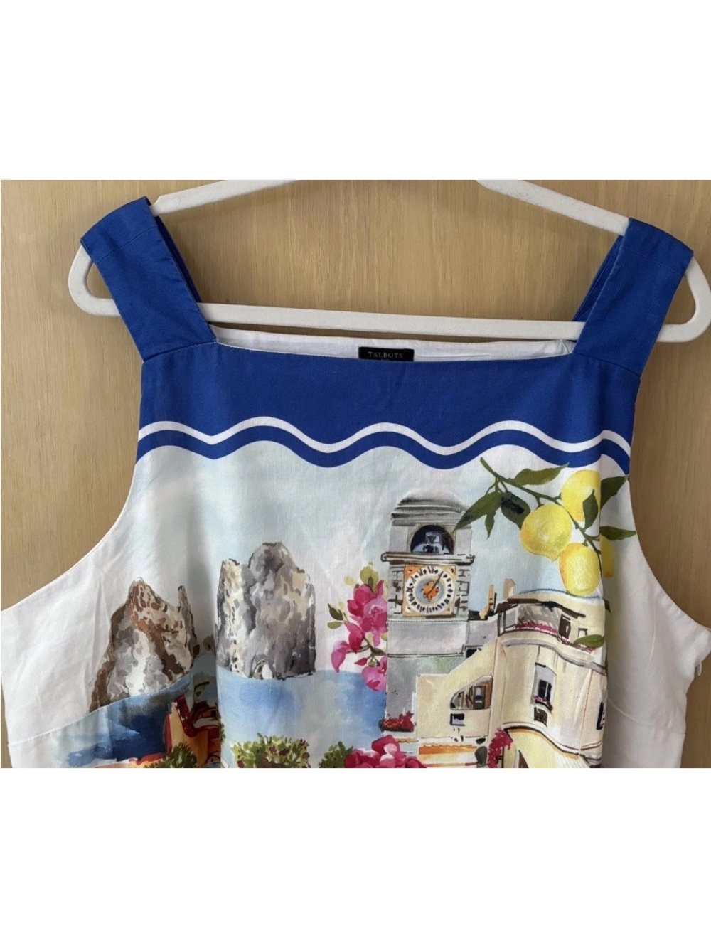 Talbots Linen Dress 20W Capri Italy Scenic Print Sleeveless Blue White - Picture 3 of 8